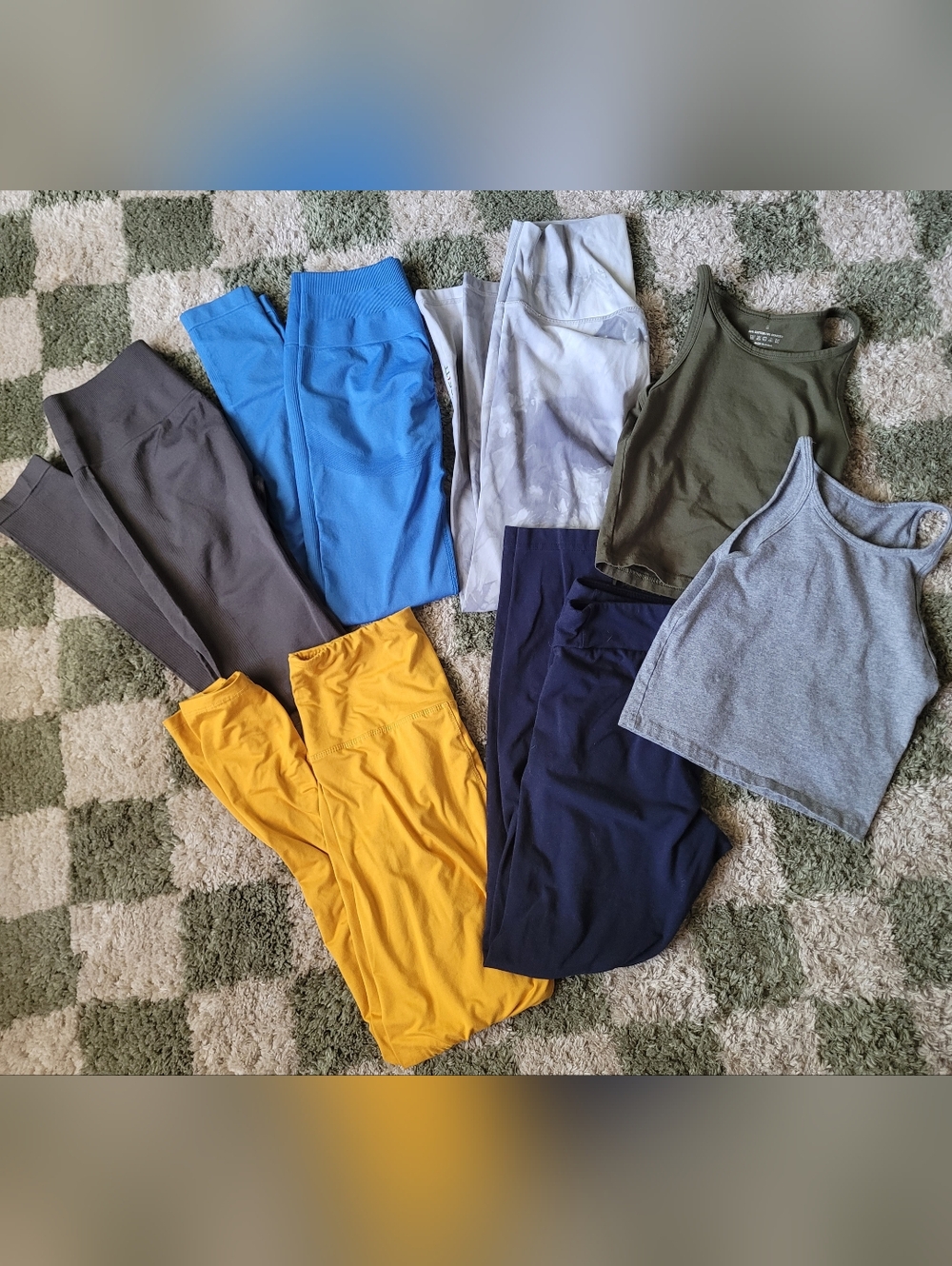 Mixed Activewear Set - Olive Tank, Gray Cropped Top, Blue & Yellow Leggings